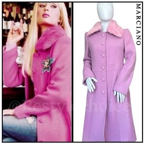 Marciano genuine rabbit Fur Trim wool tween pea Coat S lavender